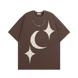 ユニークなデザイン 星と月 縫合 カジュアル 半袖シャツ