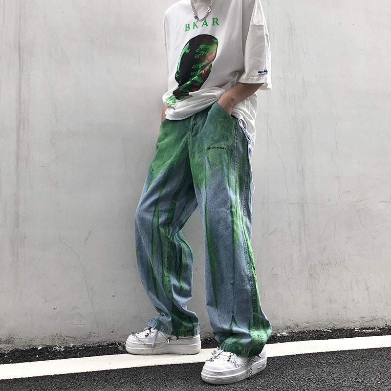 韓国ファッションスリム ワイド シンプルファッション絞り染め風ワイドレッグパンツ