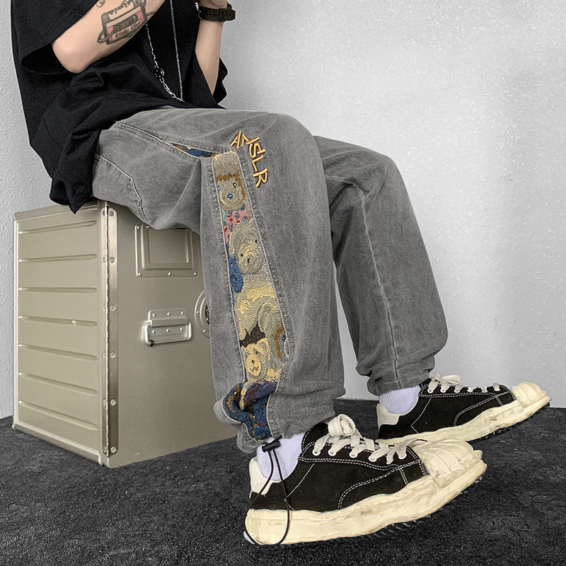 接合する 刺繍 かわいいクマ カジュアル スキニーパンツ ジーンズ