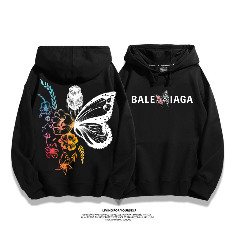 人気のデザイン 花と蝶 プリント柄フード付きパーカー