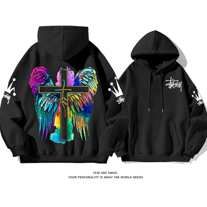 カラフルな羽 プリント柄フード付きパーカー