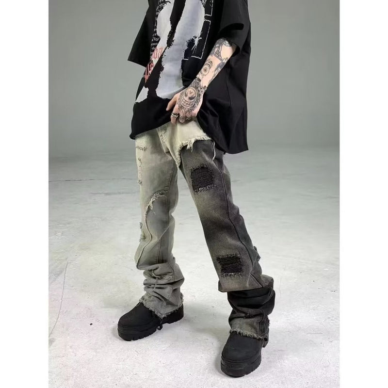 アメリカンストリートスタイルダメージデニムパンツ