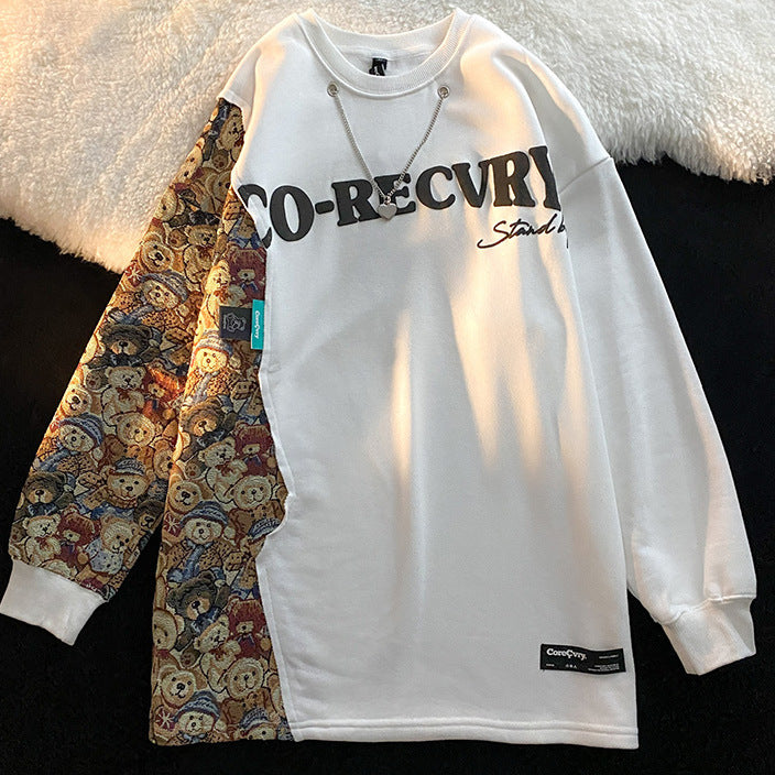 2021新作 スプライシング風 ベアー柄 フードなしパーカー