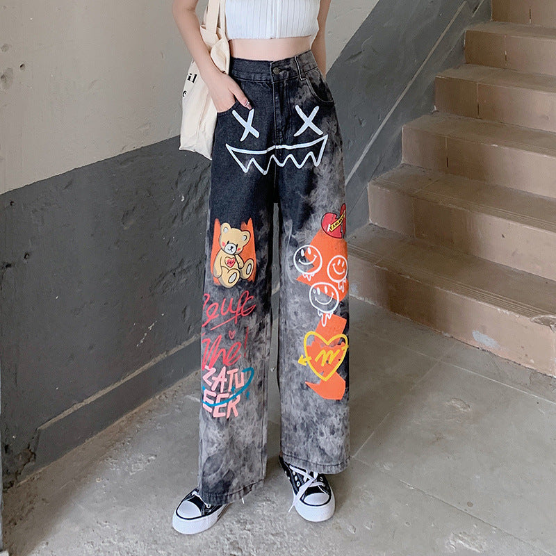 絞り染め風プリント柄ハイウエストワイドレッグパンツ