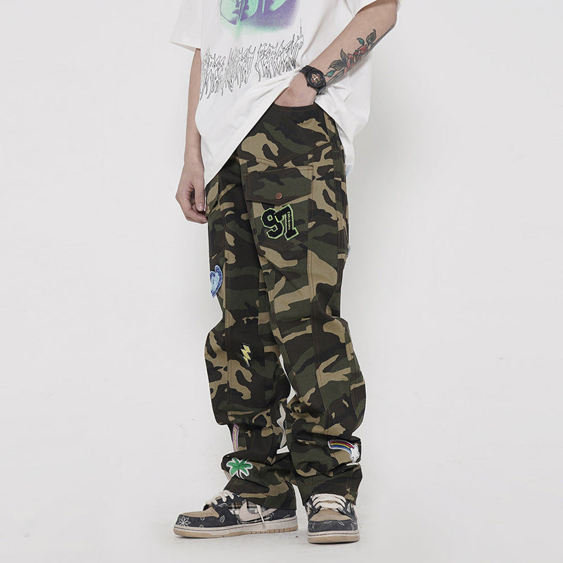 スリム ワイド  ヒップホップ風 ハイストリートスタイル ワークパンツ