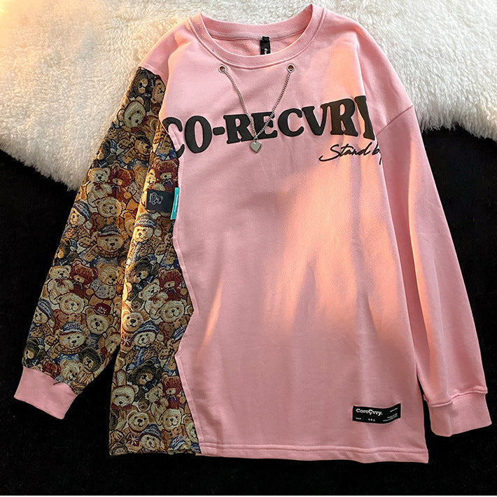 2021新作 スプライシング風 ベアー柄 フードなしパーカー