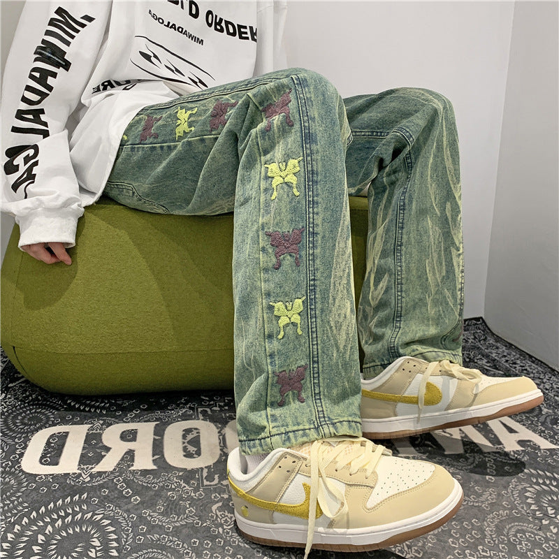 カジュアル ストリートプリント柄 刺繍ジーンズ