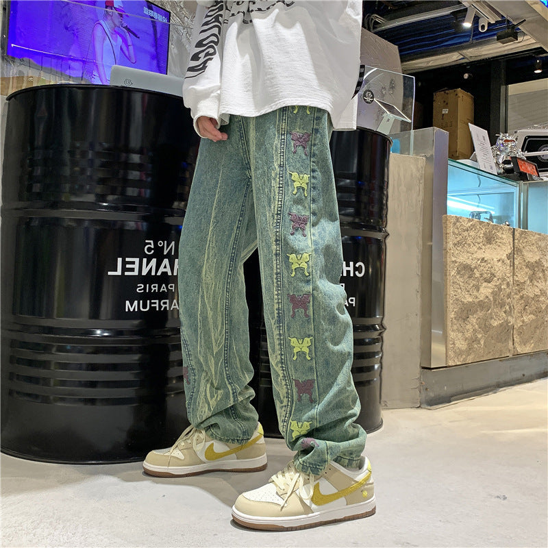 カジュアル ストリートプリント柄 刺繍ジーンズ