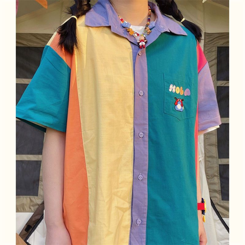 INS大人气 超かわいい コントラストカラー 半袖シャツ
