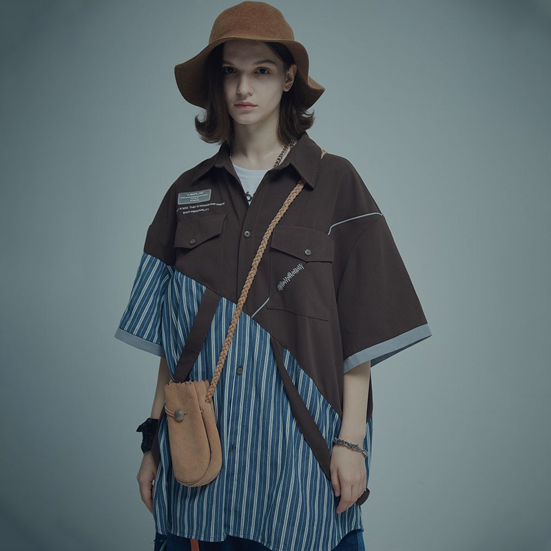 スプライシング風 ハイファッションセンス カジュアル 半袖シャツ