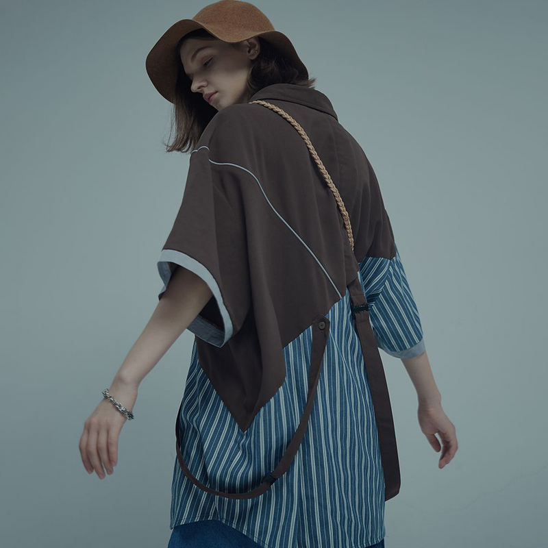 スプライシング風 ハイファッションセンス カジュアル 半袖シャツ