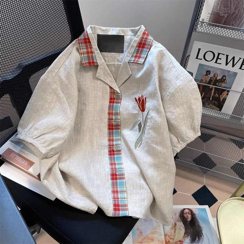 フレンチレトロスタイル チューリップ刺繍 半袖シャツ