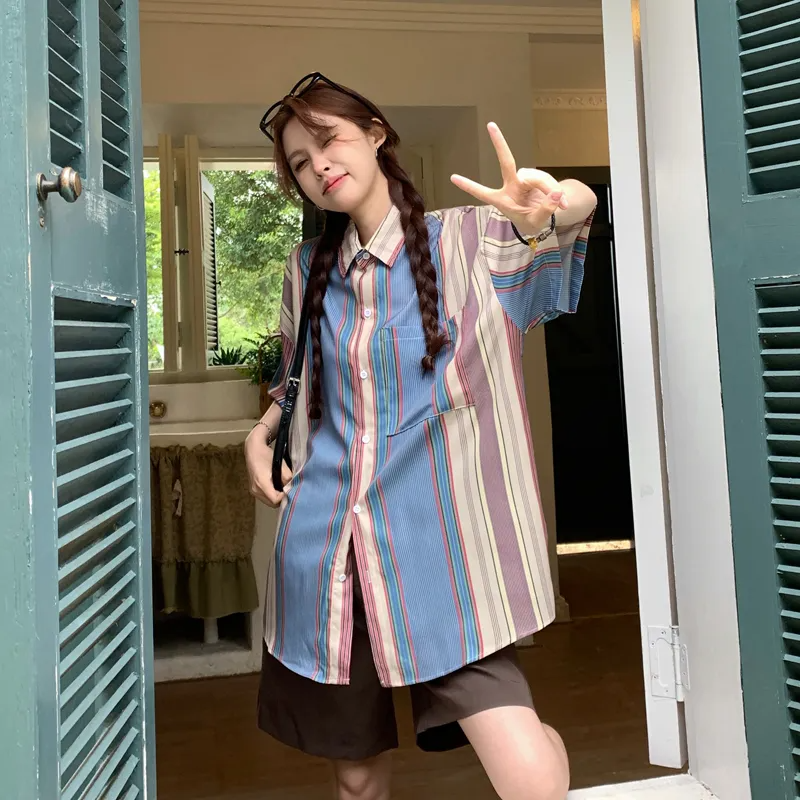 ストライプ コントラストカラー 韓国ファッション 半袖シャツ
