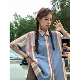 ストライプ コントラストカラー 韓国ファッション 半袖シャツ