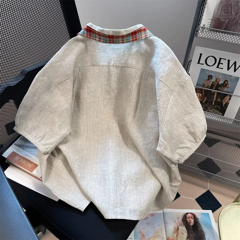 フレンチレトロスタイル チューリップ刺繍 半袖シャツ